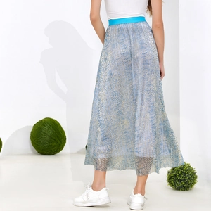 Elegant high-waist A-line light blue skirt with metallic gold textures and pleats