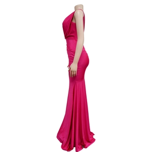 Detail view of the side profile on this bright pink v-neck sleeveless ruched evening maxi dress