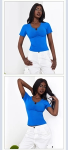 Detail of royal blue slim fit crop top featuring V-neckline with decorative ring and ruching