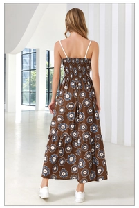 Detail view of smocked back and floral tiered long dress with thin shoulder straps