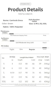 Detailed size chart for the polka dot spaghetti strap dress with measurement data