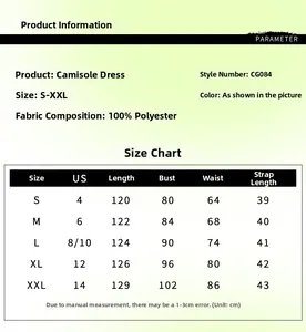 Detailed size chart for floral strap dress showing measurements from S to XXL in centimeters