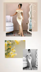 Detail of champagne gold satin off-shoulder evening dress with pleated waist and high slit