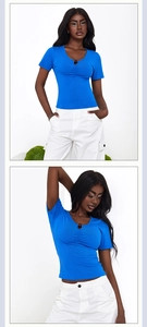 Detail view of royal blue slim fit V-neck T-shirt with ruched design and button accent