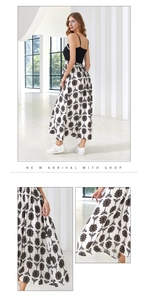 Detail view of floral print skirt and ribbed bodice on long summer vacation dress