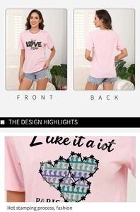 Detail of pink cotton T-shirt featuring sequined heart pattern and First LOVE Yourself text