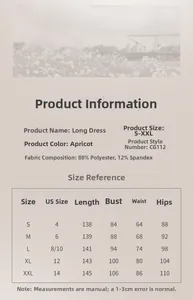 Size chart for the elegant off-shoulder evening dress with slit showing US size S to XXL