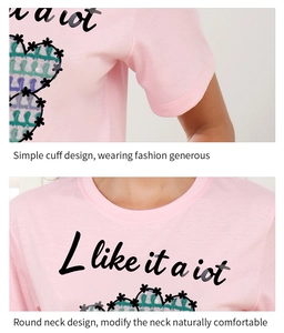 Close-up of pink round neck cotton T-shirt showing sleeve stitching and heart print