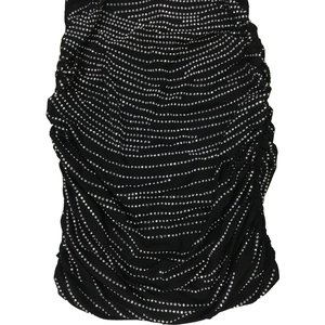 Detail of ruched black fabric with silver rhinestones on this elegant mini dress