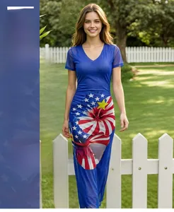 Detail of V-neck mesh dress featuring digital American flag and floral print