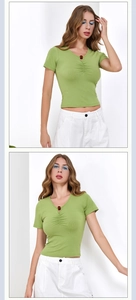 Macro detail of avocado green ribbed V-neck T-shirt with drawstring and decorative bead