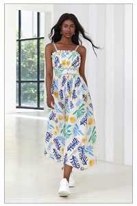 Detail of tropical floral print dress with ruffle neckline and slim waist design