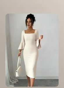Detail of square neckline and elegant bell sleeves on a slim apricot midi dress