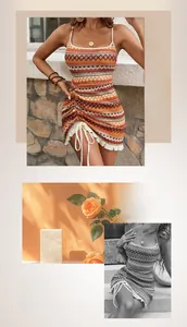 Detailed knit texture of bohemian striped dress with drawstring side and lace hem
