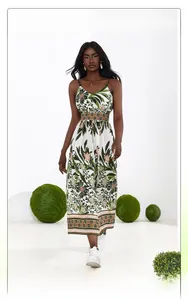 Detail of summer slip dress with tropical floral print and ethnic geometric hemline