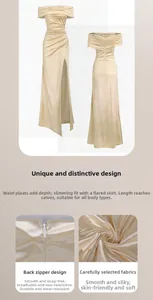 Detail of champagne gold satin dress showing hidden back zipper and waist pleat design