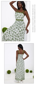 Detail of white maxi dress with green shell print and scalloped trim on front and back