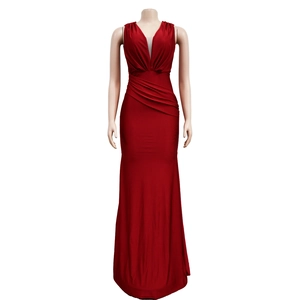 Detail view of deep red V-neck sleeveless maxi dress with elegant ruched waist detailing
