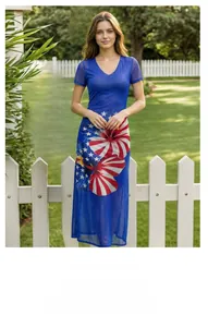Close-up of V-neck mesh short sleeve dress with flag print and digital floral patterns