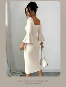 Elegant apricot square neck dress with bell sleeves and slim fit mid-length silhouette