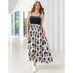 Women Summer Stitching Spaghetti Strap Floral Maxi Dress Elegant High Waist Contrast Color Vacation Style Long A-Line Dress
