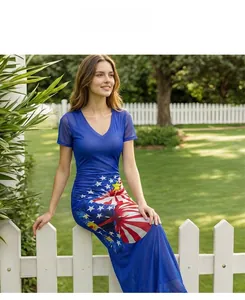 Detail of V-neck mesh dress featuring American flag print and pleated waist texture