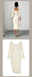 Detail view showing the square neckline and bell sleeves of this slim fit apricot midi dress