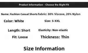 Size chart and fabric details for white casual cotton-linen shorts with S-XXL specs
