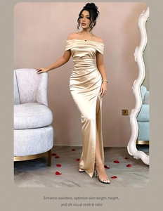 Detail of champagne satin evening dress featuring pleated waist and side slit design