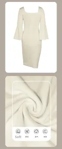 Close-up of beige square neck dress featuring flared sleeves and soft breathable fabric