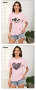 Detailed views of pink t-shirts with leopard heart and butterfly graphic prints