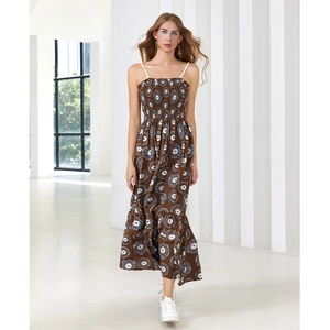 Brown floral camisole dress with blue abstract print and tiered A-line skirt