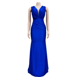 Detailed view of royal blue V-neck dress featuring elegant ruched waist and mermaid hemline