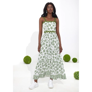 Women's Summer Scalloped Strap Maxi Dress White Green Coral Shell Marine Print A-Line Sleeveless Long Dress Vacation Beachwear