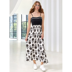 Elegant high-waist patchwork maxi dress with floral print and black camisole top
