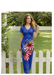 Detail of V-neck mesh short sleeves and flag print on a navy blue casual maxi dress
