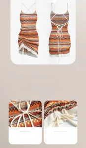 Detail of bohemian striped knit dress featuring adjustable side drawstrings and ruffled hem