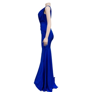 Detail view of royal blue sleeveless dress with satin fabric and waist pleats