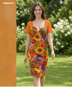 Detail of sunflower and flag print on orange slim dress with mesh sleeves and metal buckle
