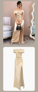 Detail of champagne satin off-shoulder dress featuring ruched waist and high split