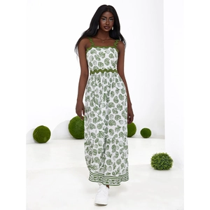 Women's summer white midi dress with green ocean shell print and wavy trim detailing