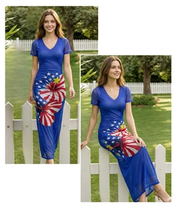 Detail of V-neck mesh short sleeves and flag print pattern on a summer dress