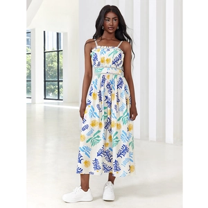 Women Tropical Leaf Print Cami Maxi Dress Spaghetti Strap Backless Smocked Waist Summer Vacation Holiday Long A-Line Dress