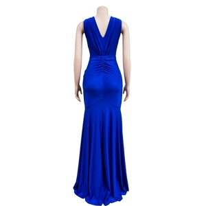 Detailed back view of sleeveless royal blue V-neck dress with ruched mermaid silhouette