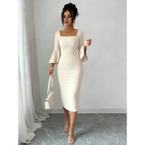 Elegant Apricot Square Neck Bell Sleeve Midi Dress For Women Slim Fit Formal Banquet Party Evening Bodycon Knit Dress
