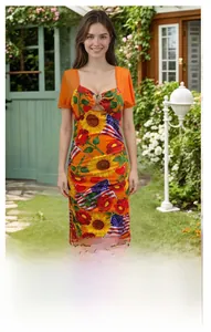 Detailed close-up of sunflower, rose, and flag digital print on slim-fit summer dress