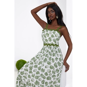 Women's summer white sundress with green sea-pattern print and wavy strap details
