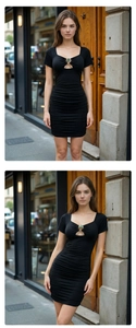 Detail eines gerafften Bodycon-Minikleids mit Brustausschnitt und Stein-Verzierung