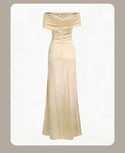 Detail of champagne gold satin evening dress showing the back invisible zipper closure