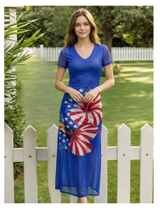 Detail of V-neck mesh dress with floral US flag print on dark blue fabric texture